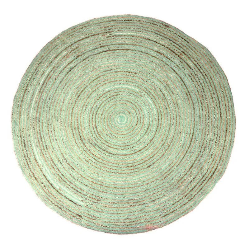 Round Rug Natural Jute Braided Handmade Carpet Farmhouse Area Rug Beige + Green