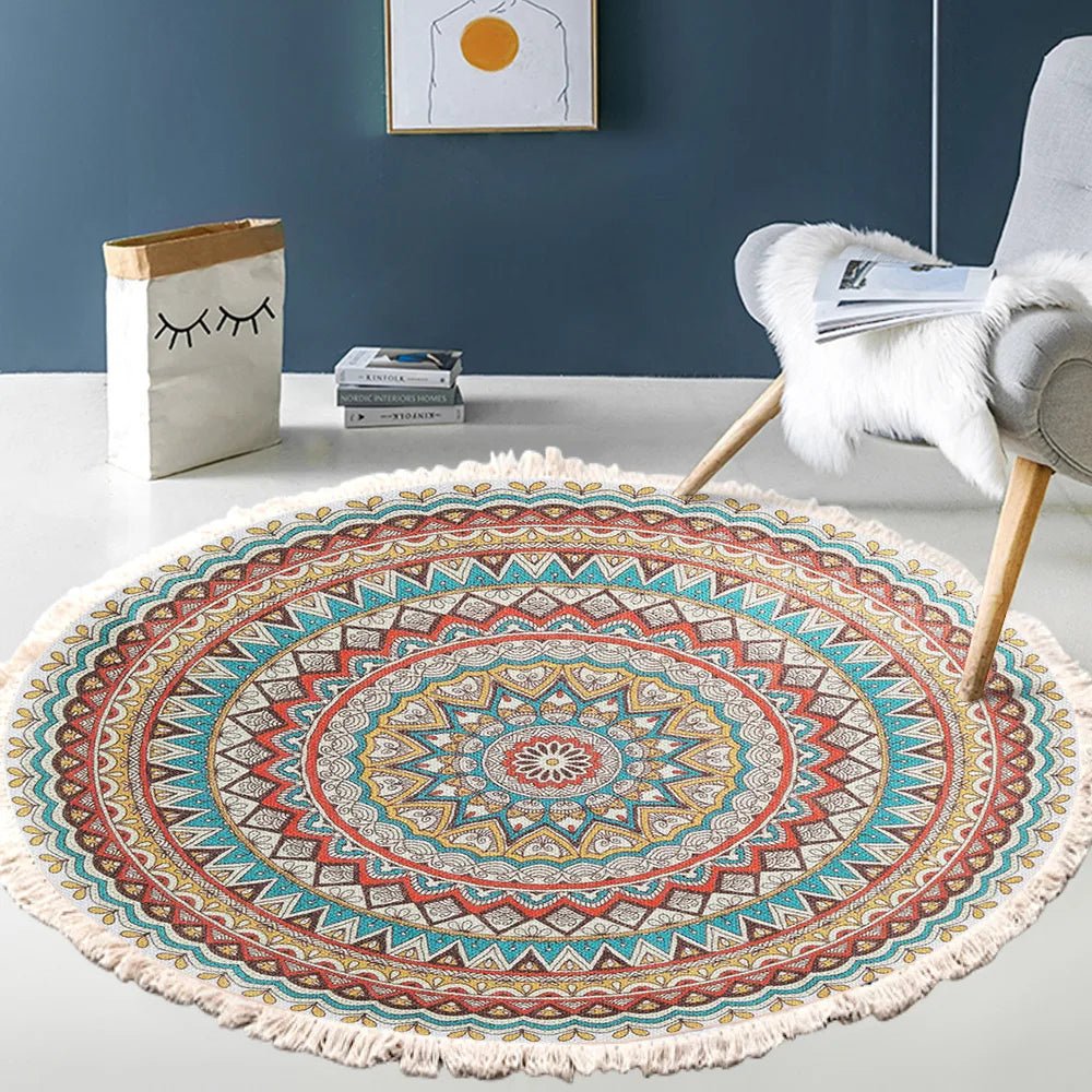 Bohemian Hand-Woven Round Carpet with Tassels