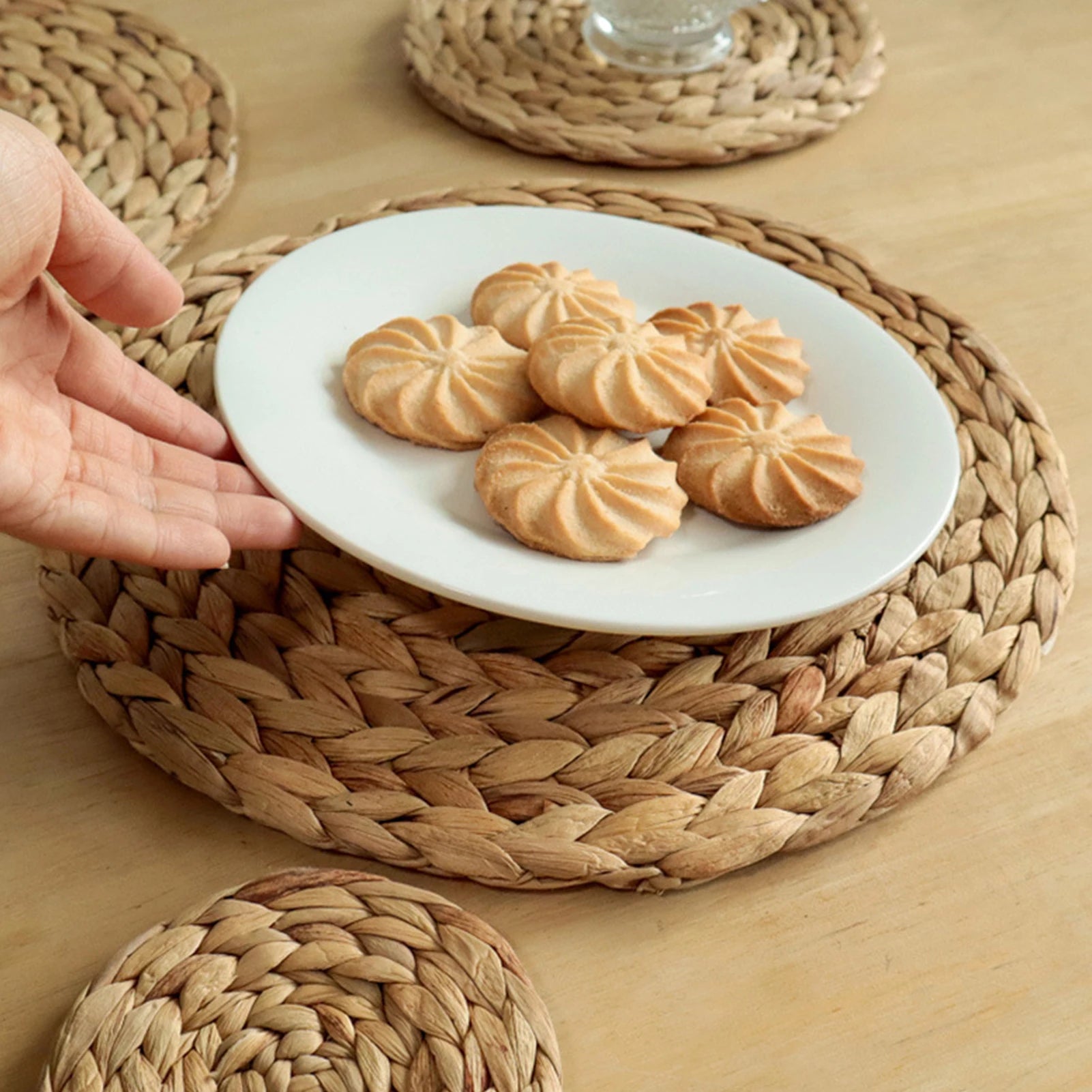 Boho Round Woven Hyacinth Placemats for Home Office Desk