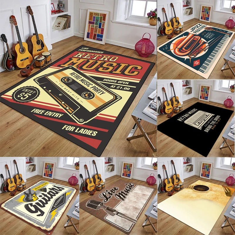 Vintage Guitar Print Bedroom Bedside & Non Slip Soft Living Room Rugs