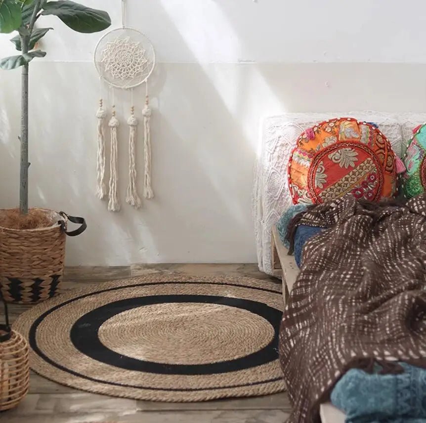 Handwoven Japanese Rattan Round Carpets For Living Room Bedroom Kitchen Decor Straw Braided Mat Rugs Hand Woven Anti-slip Mats