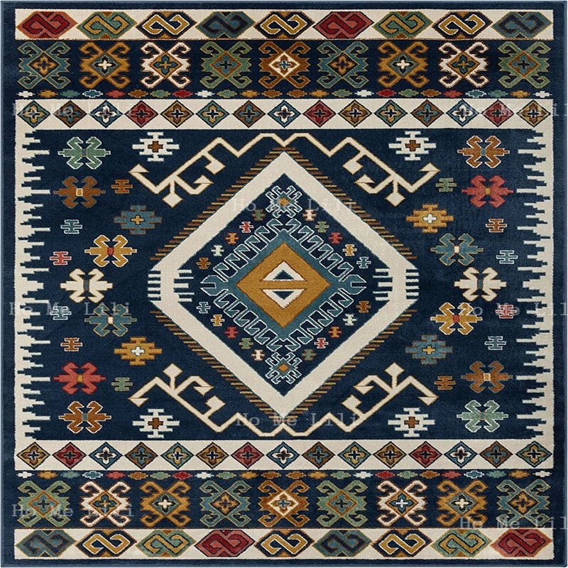 Dark Blue Red Cream Traditional Medallion Southwestern Flannel Floor Rugs