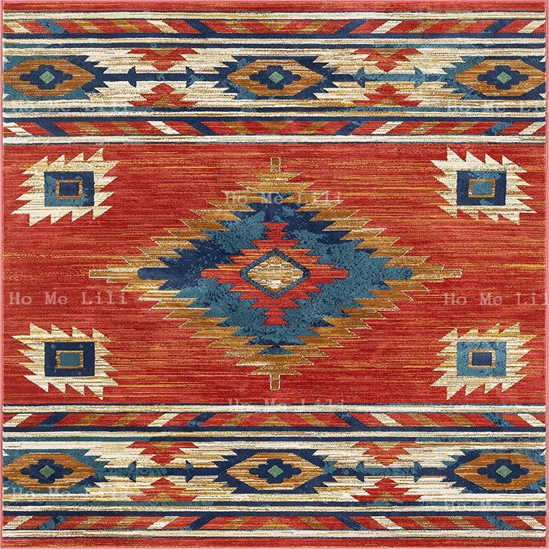 Dark Blue Red Cream Traditional Medallion Southwestern Flannel Floor Rugs