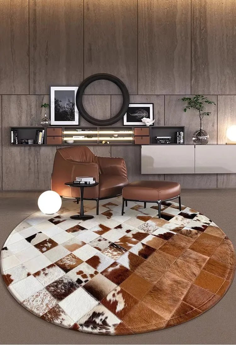 Handmade Patchwork Genuine Cowhide Round Rug For Bedroom