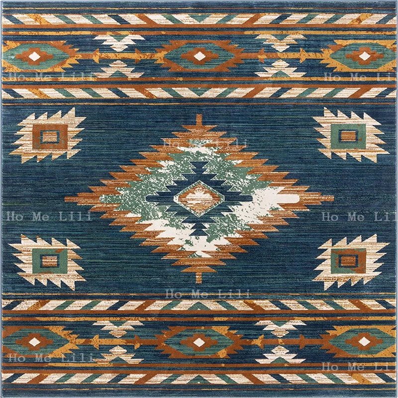 Dark Blue Red Cream Traditional Medallion Southwestern Flannel Floor Rugs