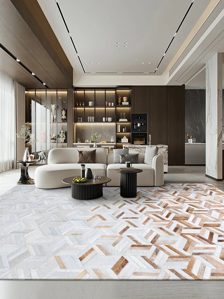 Large Luxury Cowhide Stitching Geometric Rug For Living Room