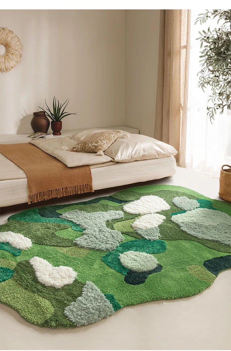 Tufted Green Irregular sized Aesthetic Thick Bedroom Rug