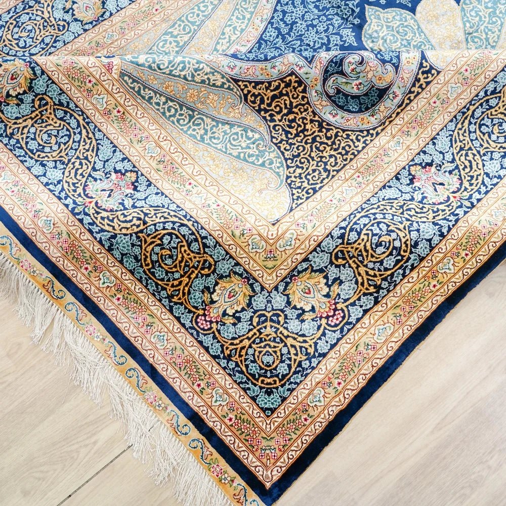 Turkish Silk Vintage Traditional Blue Hand Knotted Rugs - Home Decor