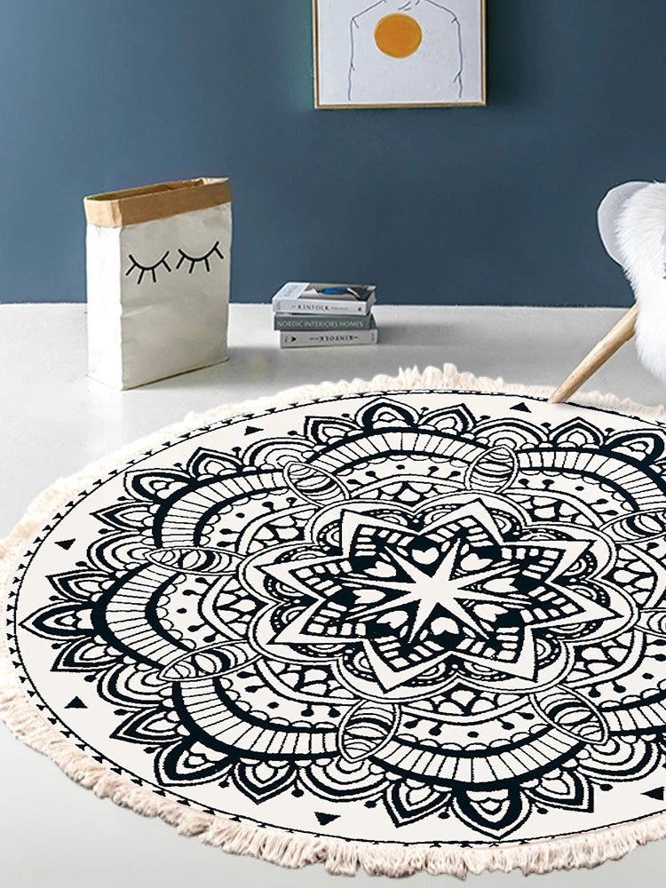 Hand Woven Round Mandala Style Retro Rug