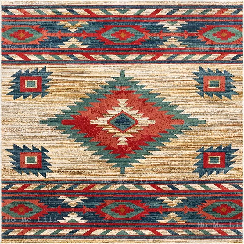 Dark Blue Red Cream Traditional Medallion Southwestern Flannel Floor Rugs