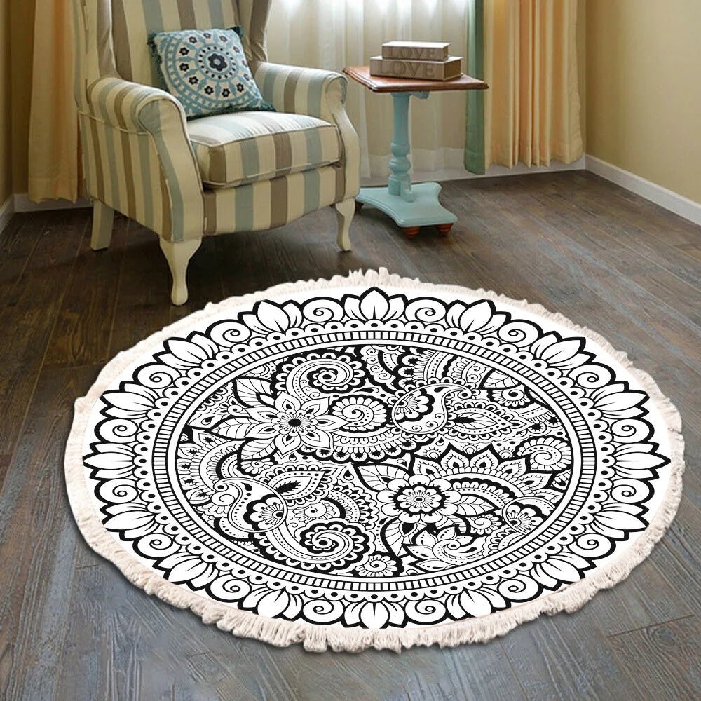 Hand Woven Round Mandala Style Retro Rug