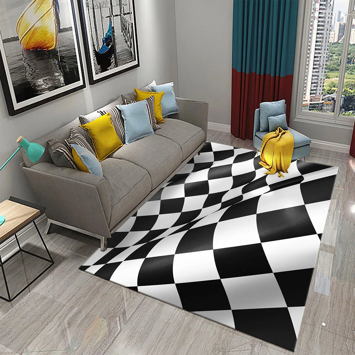 Black and White Checkerboard Plaid Carpet Moroccan Style - Rectangle Scenic Design