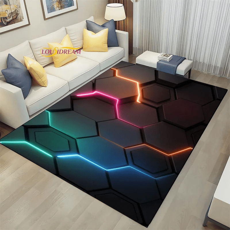 Geometric Dark Neon Lights Home Play Gaming Room Decor Rug