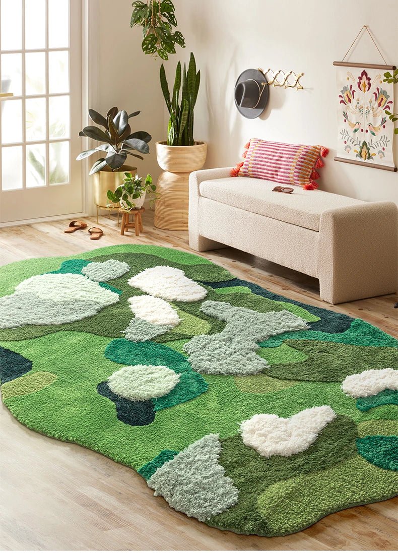 Tufted Green Irregular sized Aesthetic Thick Bedroom Rug