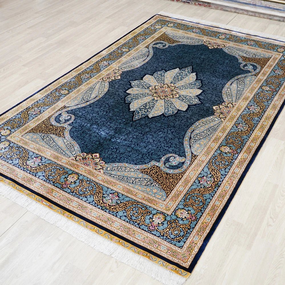 Turkish Silk Vintage Traditional Blue Hand Knotted Rugs - Home Decor