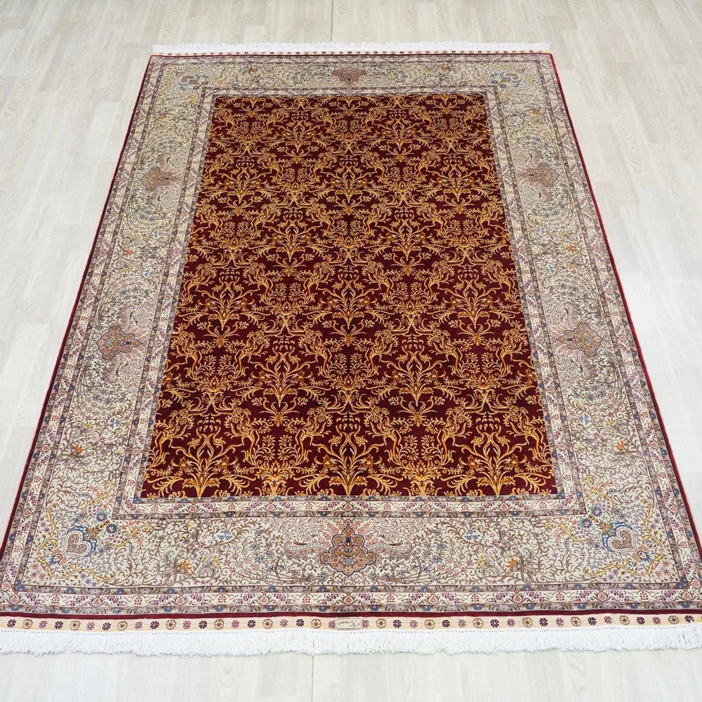 Persian Handmade Traditional Design Elegant Red Silk Rug - 100% Silk