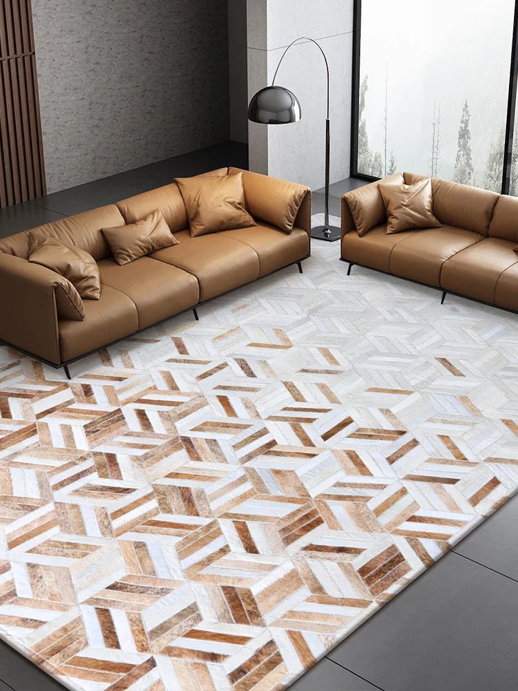 Large Luxury Cowhide Stitching Geometric Rug For Living Room