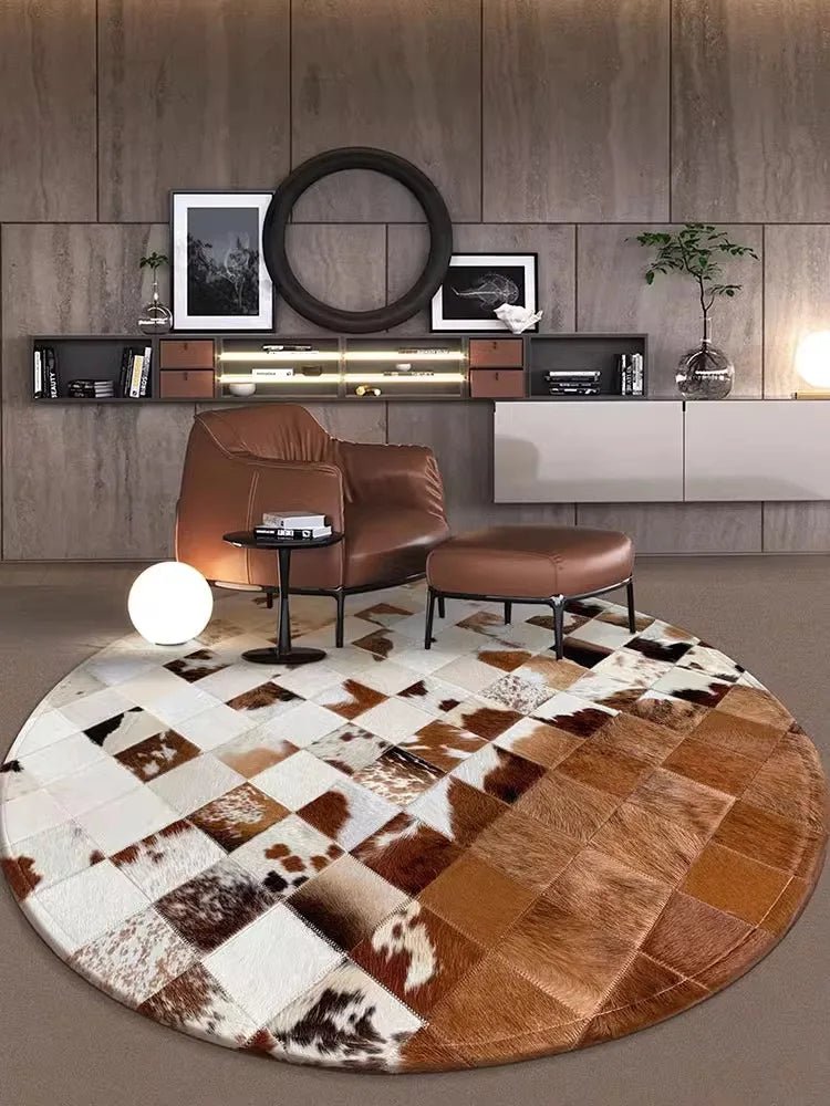 Handmade Patchwork Genuine Cowhide Round Rug For Bedroom