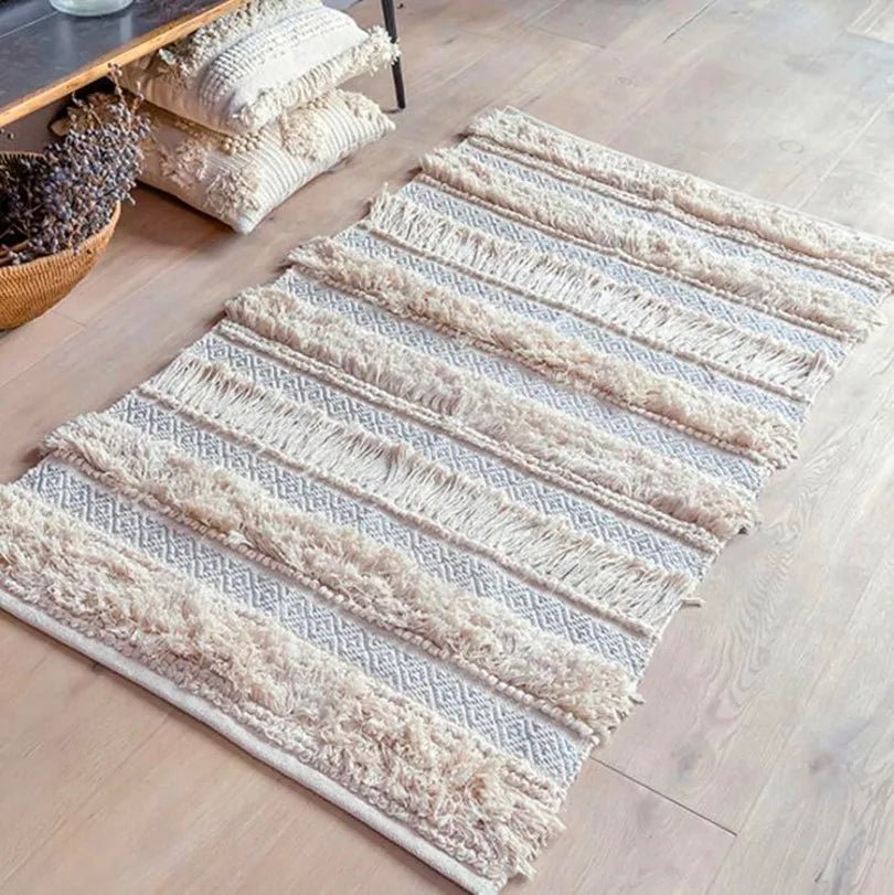 Indian Thick Soft Wool Carpet Beige Handwoven - Moroccan Rug Outdoor