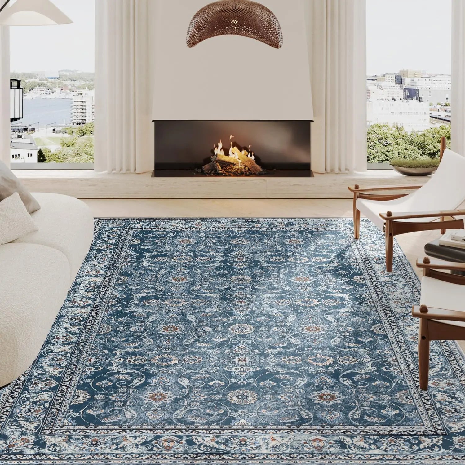 Blue Vintage Retro Accent Floral Print Rug - Non Slip