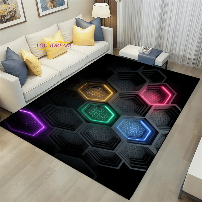 Geometric Dark Neon Lights Home Play Gaming Room Decor Rug