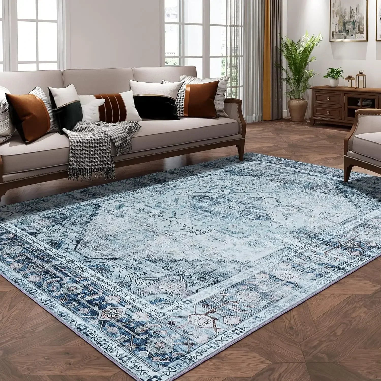 Blue/Multi Low-Pile Indoor Floral Print Large Vintage Washable Rug