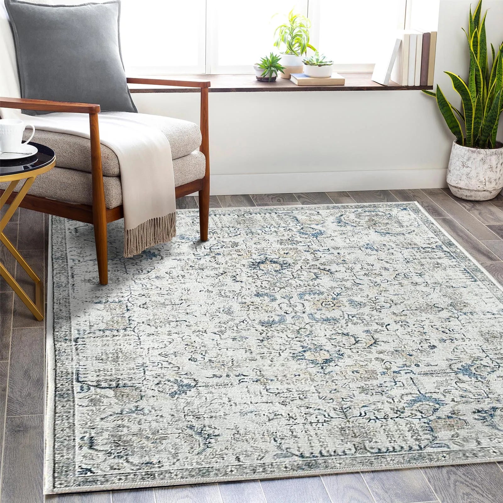 Foldable Vintage Distressed & Floral Print Boho Rug for Bedroom Living - Home Decor