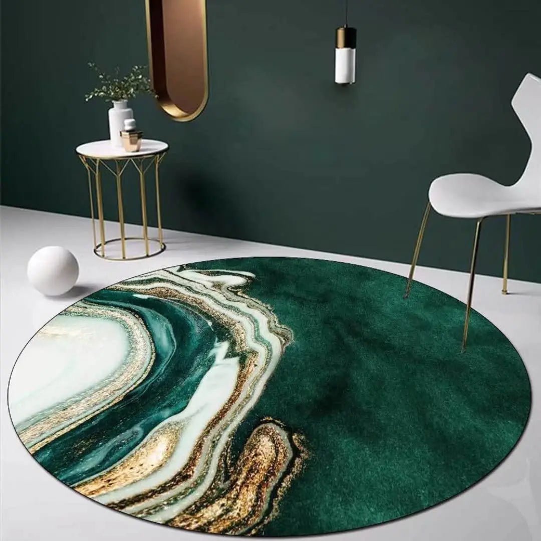 Emerald Green Modern Marble Round Area Rug-Soft and Washable