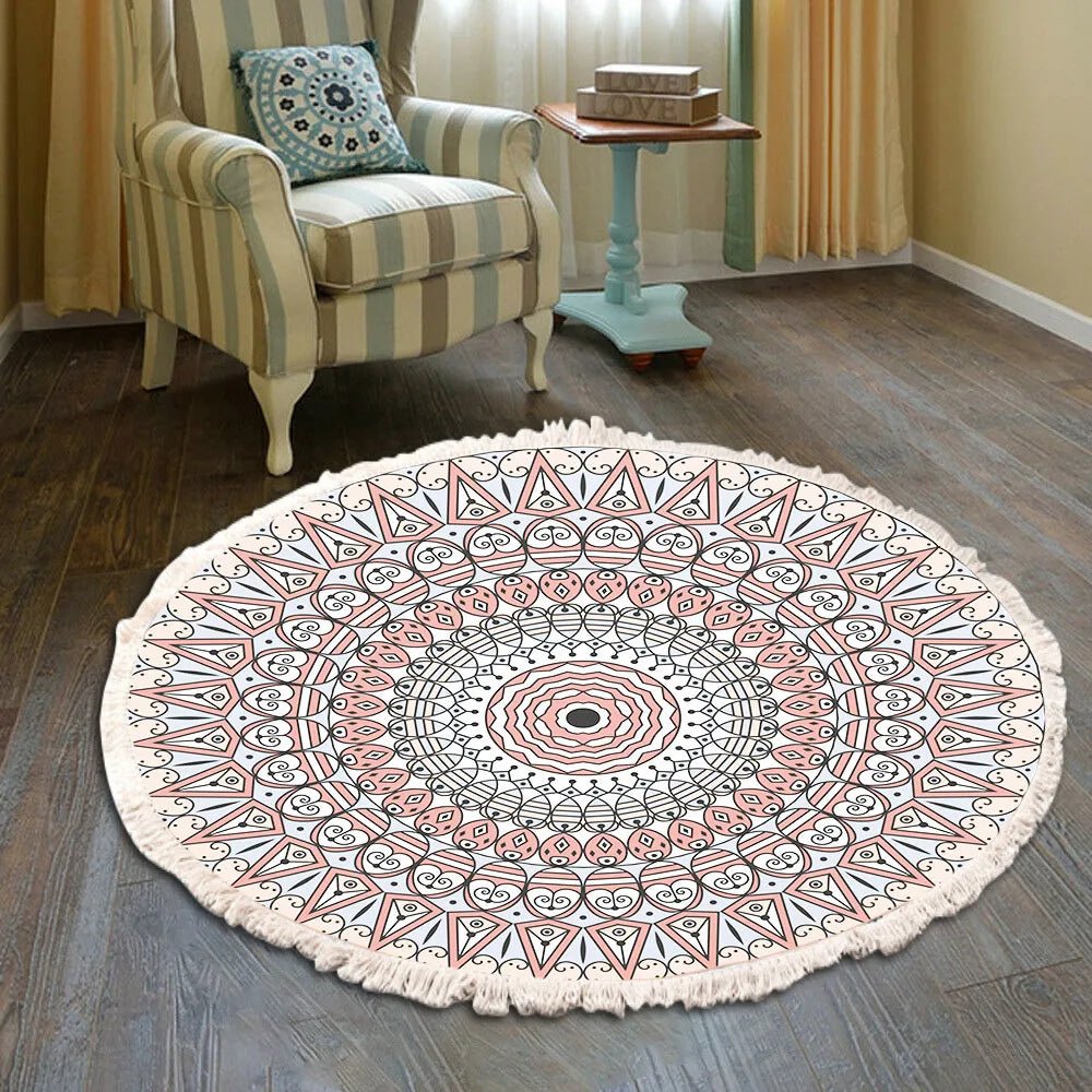 Hand Woven Round Mandala Style Retro Rug