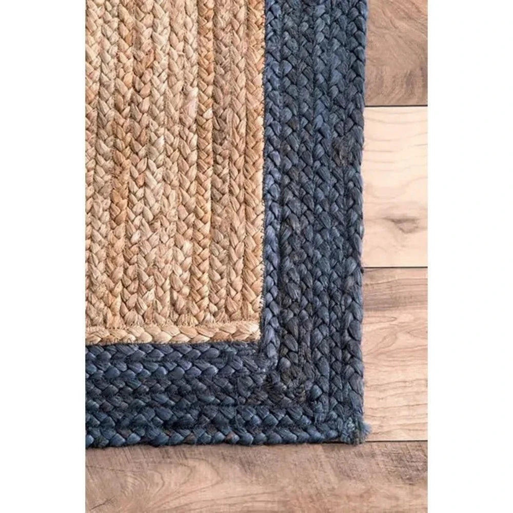 Area Rug Natural Jute Handmade Braided Carpet with Blue Strip Modern Runner Rug