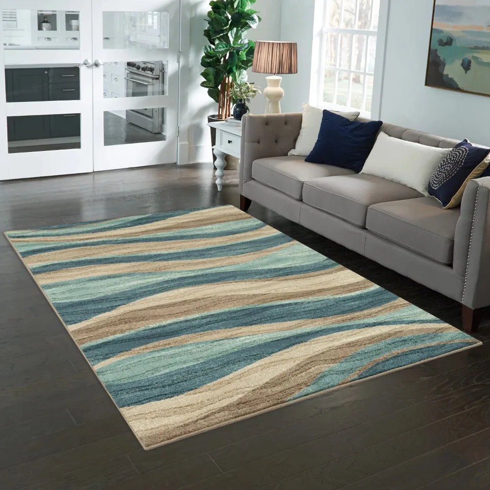 Geometric Blue Brown Waves Indoor Area Rug - 100% Polyester Yarn