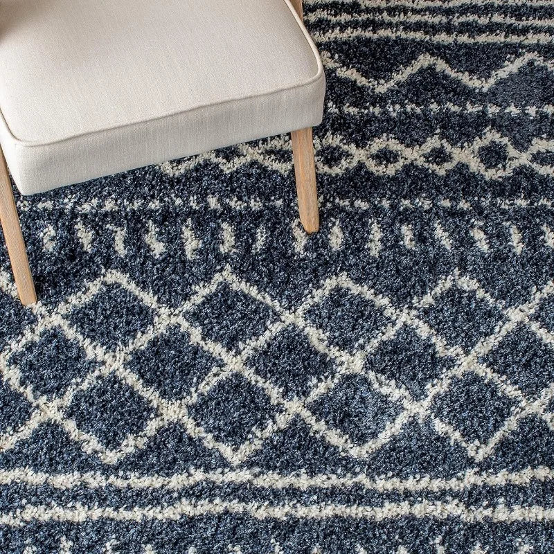 Slate Blue & Ivory Moroccan Design - Non-Shedding & Easy Care Rugs