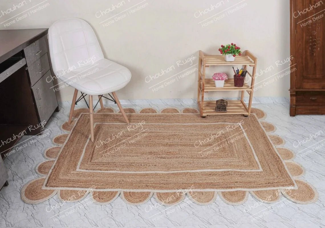 Indian Hand Braided Natural Jute Rug White Scalloped Runner Rugs