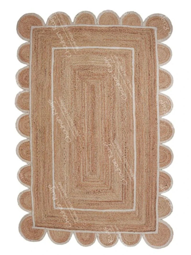 Indian Hand Braided Natural Jute Rug White Scalloped Runner Rugs Home Decor Rugs Carpets for Living Room Home Decor