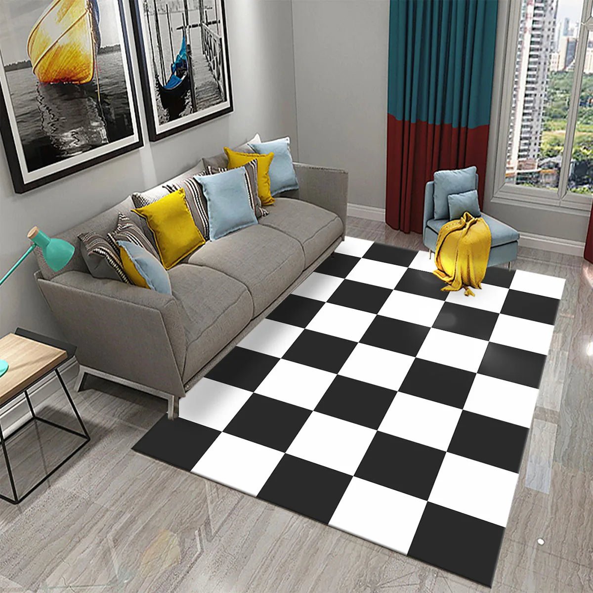 Black and White Checkerboard Plaid Carpet Moroccan Style - Rectangle Scenic Design