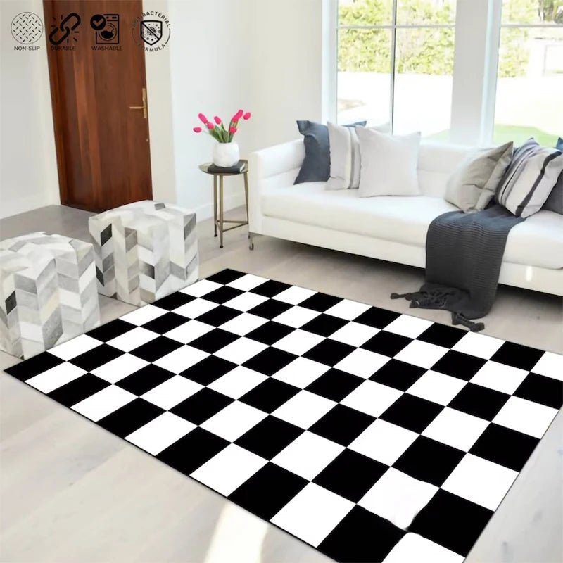 Popular Black & White Checkered Moroccan Non-slip Carpet