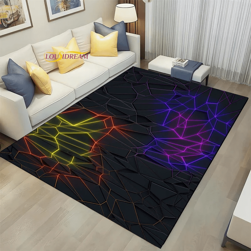 Geometric Dark Neon Lights Home Play Gaming Room Decor Rug