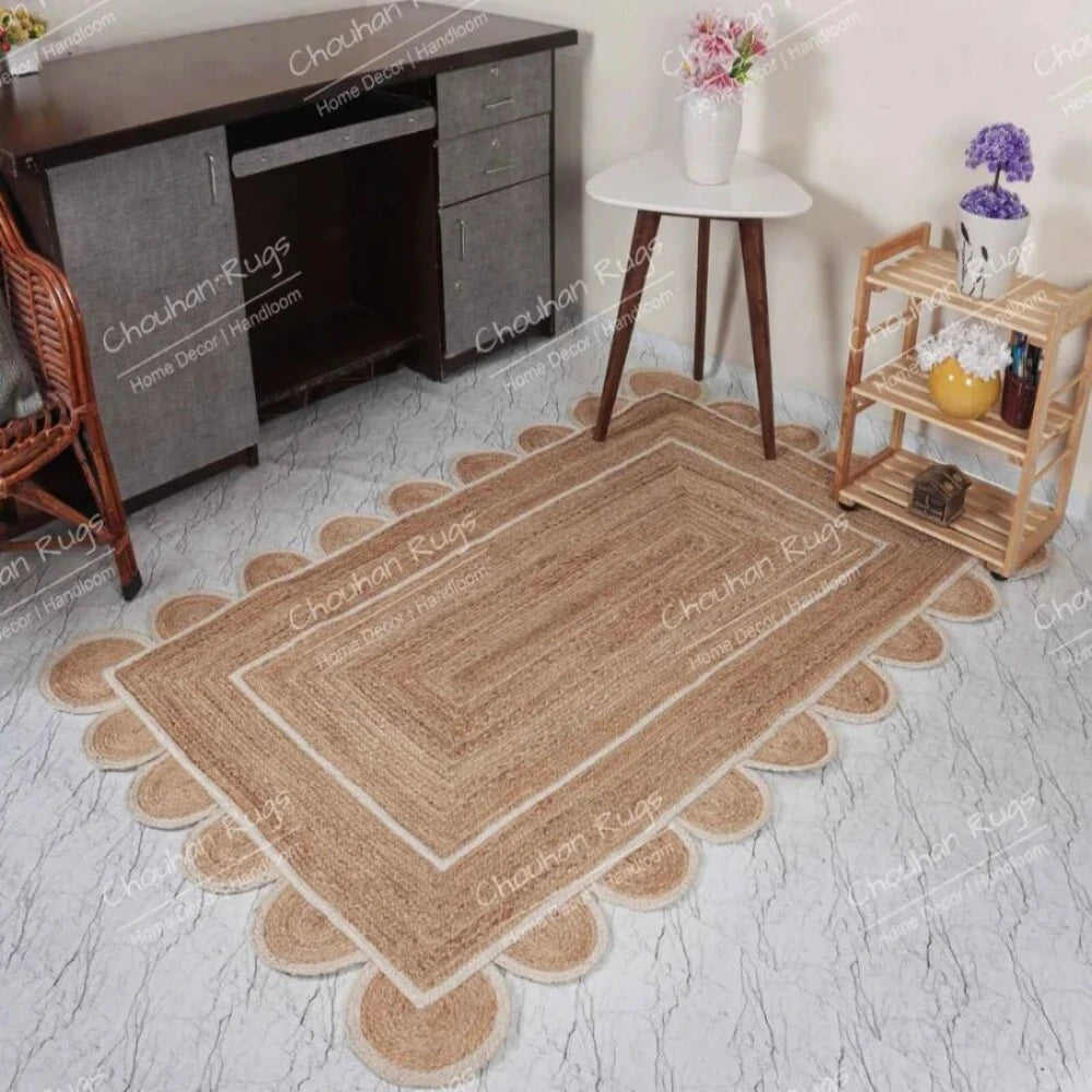 Indian Hand Braided Natural Jute Rug White Scalloped Runner Rugs