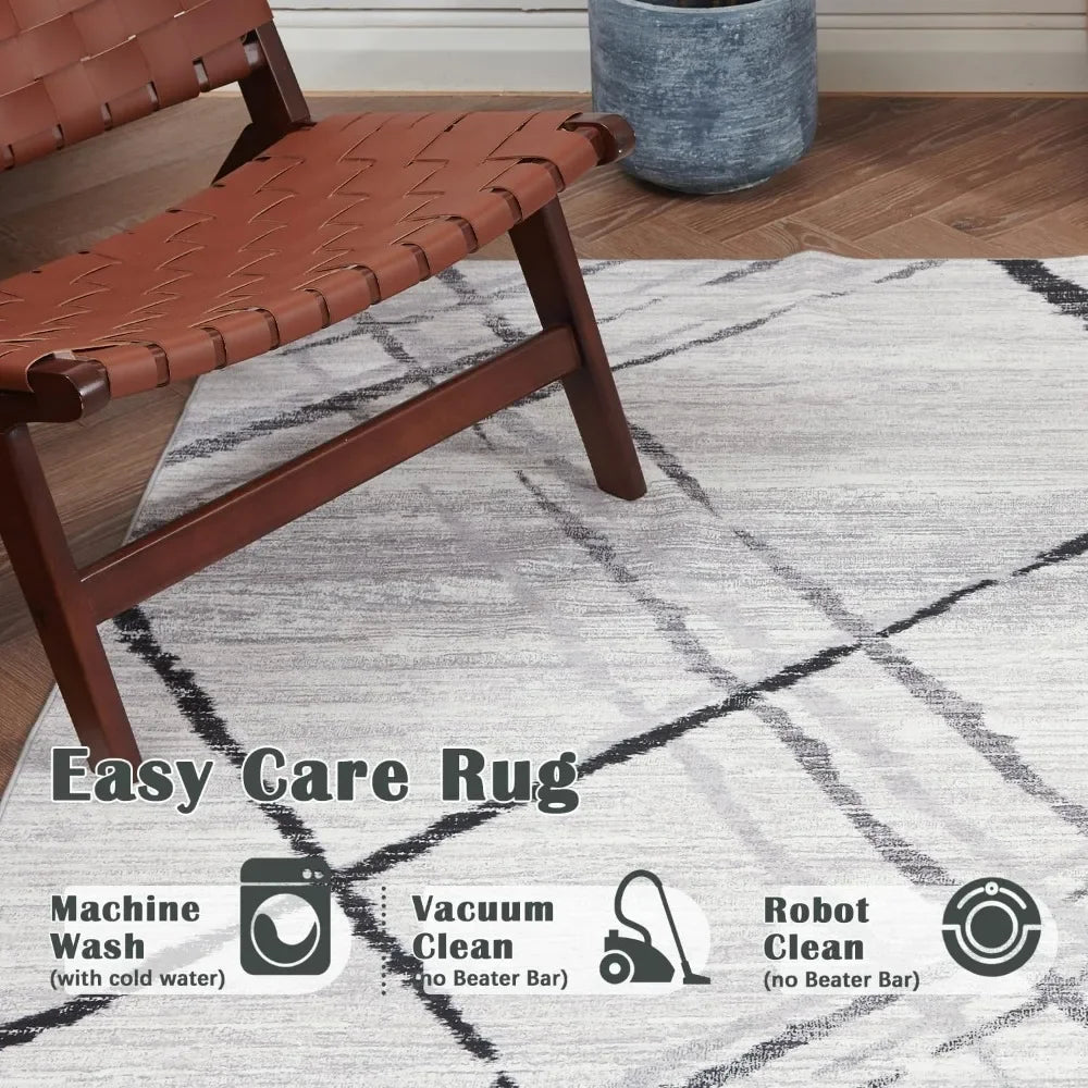 Modern Washable Geometric Grid Non Slip Accent Rug - Indoor/Outdoor Multi Purpose Use