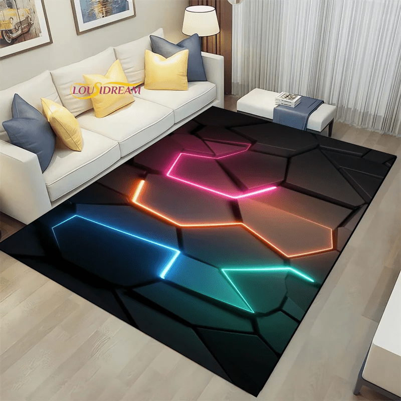 Geometric Dark Neon Lights Home Play Gaming Room Decor Rug