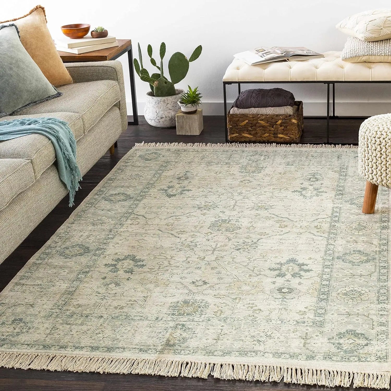 Moroccan Farmhouse Bedroom Cotton Area RUG - No Pile Hand Woven