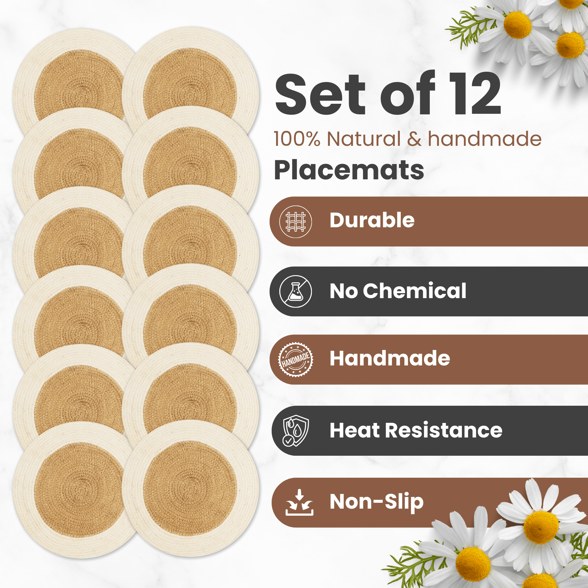 Eco Crave Jute Round Placemats Set of 12 – Hand Woven Natural Beige Jute with White Rim, 13" White Jute Placemats, Woven White Round Placemats, Farmhouse Table Decor