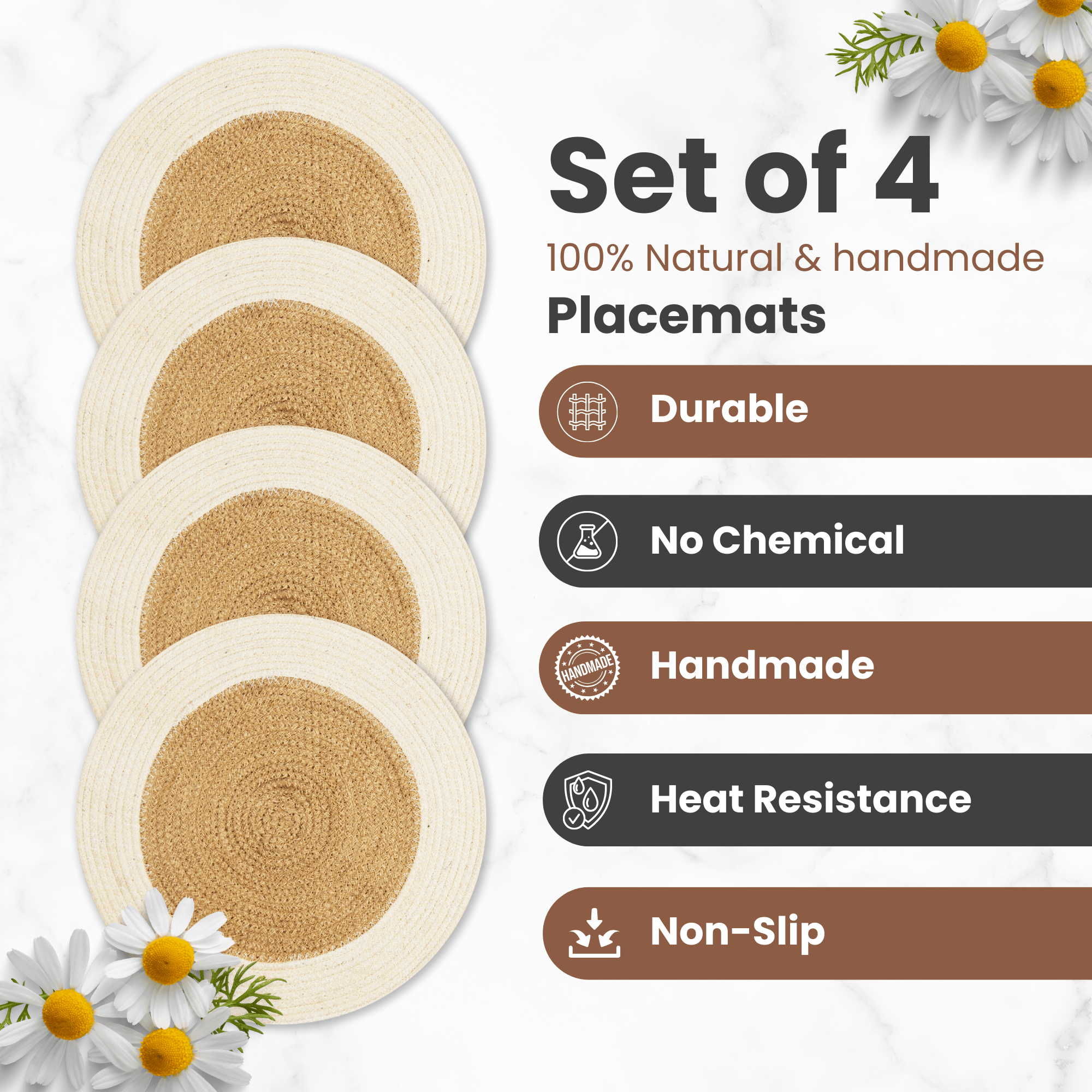 Eco Crave Jute Round Placemats Set of 4 – Hand Woven Natural Beige Jute with White Rim, 13" White Jute Placemats, Woven White Round Placemats, Farmhouse Table Decor