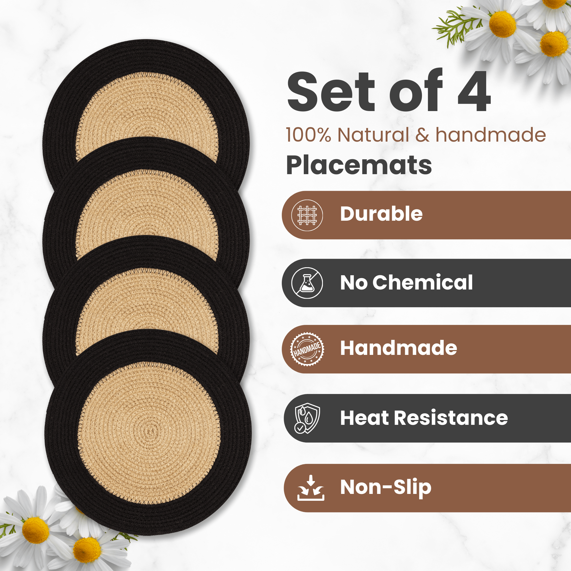 Eco Crave Jute Round Placemats Set of 4 – Hand Woven Natural Beige Jute with Black Rim, 13 Inch Farmhouse Rustic Dining Drawstring Table Mats, Wicker Heat Resistant Durable Eco-Friendly Table Decor