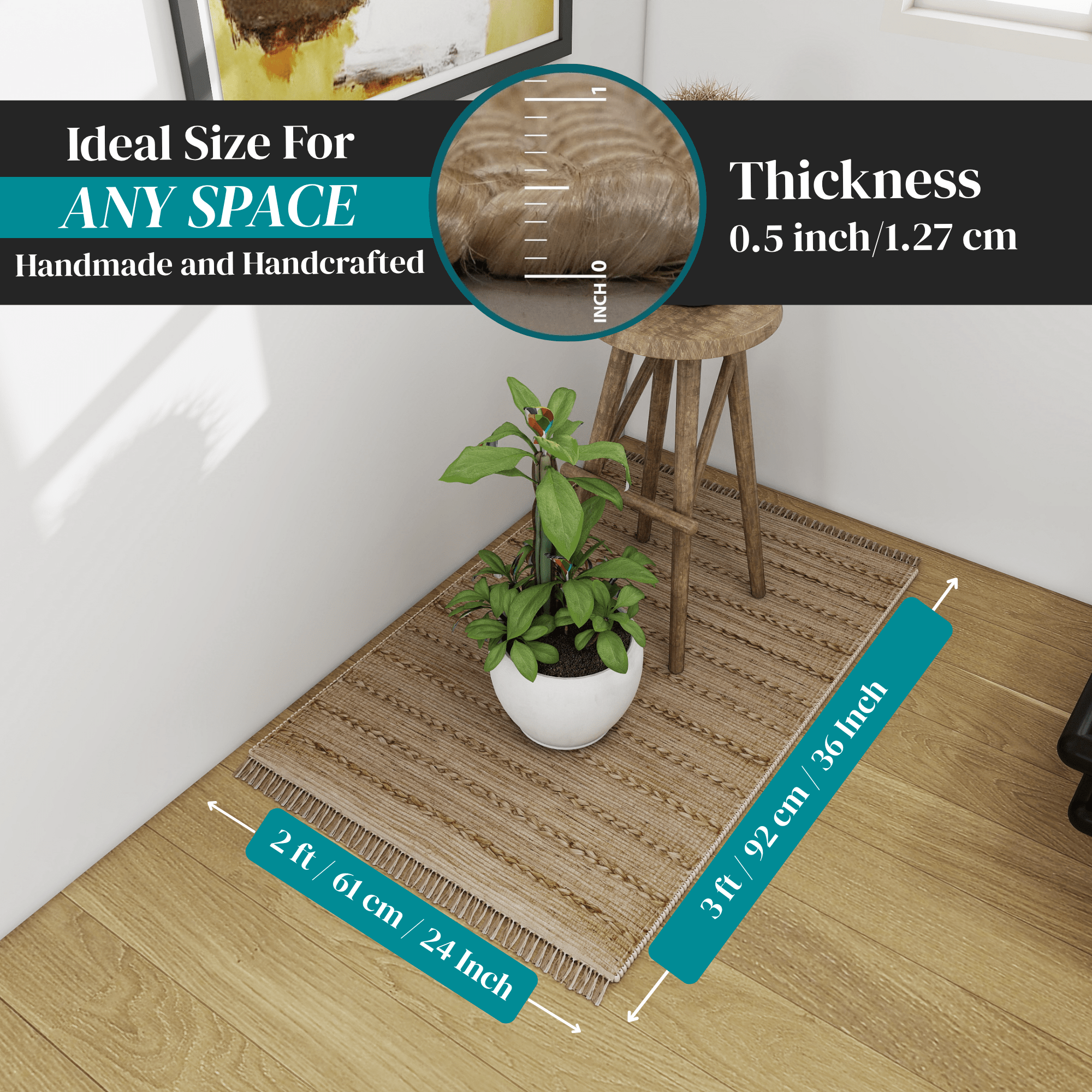 Handwoven 2x3 Ft Jute Rug – Natural Low-Pile Indoor Area Rug for Entryway, Kitchen, Bathroom – Traditional Bohemian Farmhouse Accent Décor