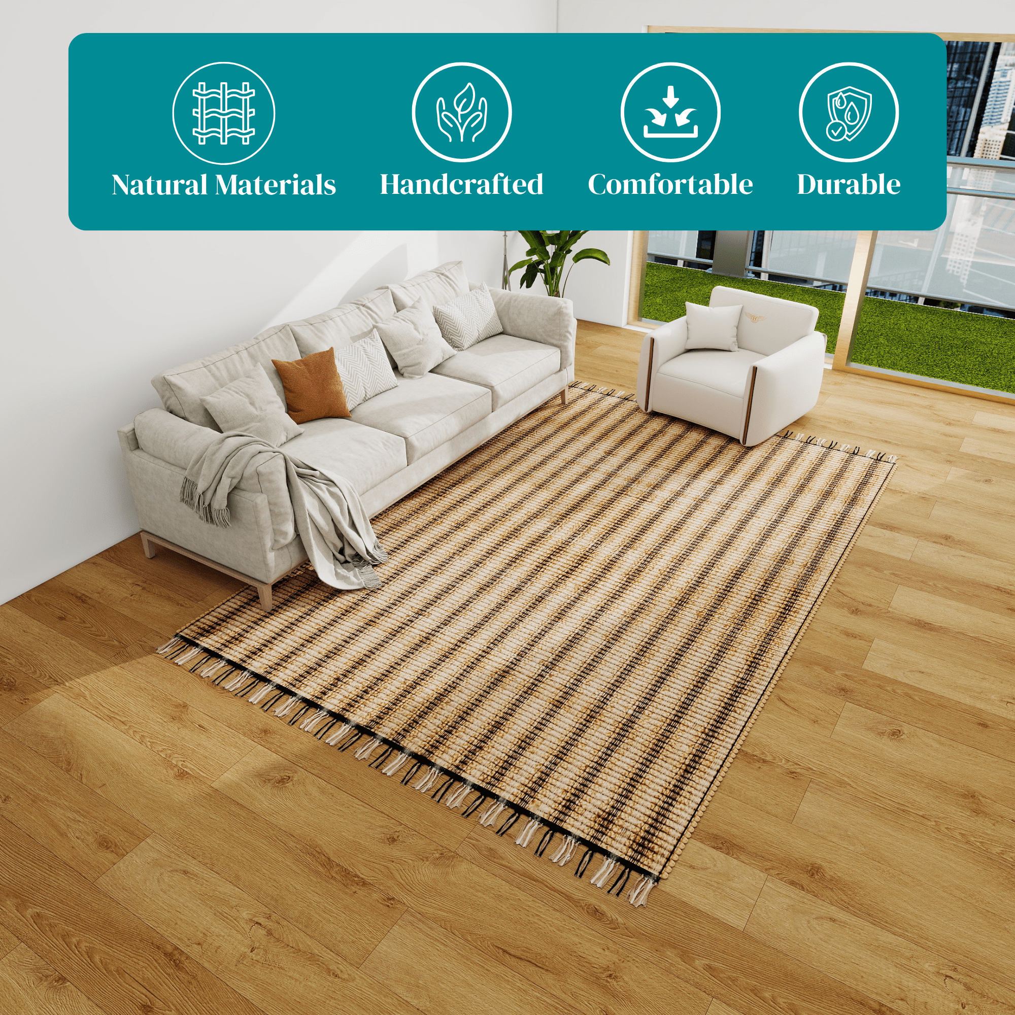 Handwoven Jute Area Rug, 9'x12' – Eco-Friendly Vintage Modern Natural Carpet for Living Room, Bedroom, Dining, and Entryway Décor