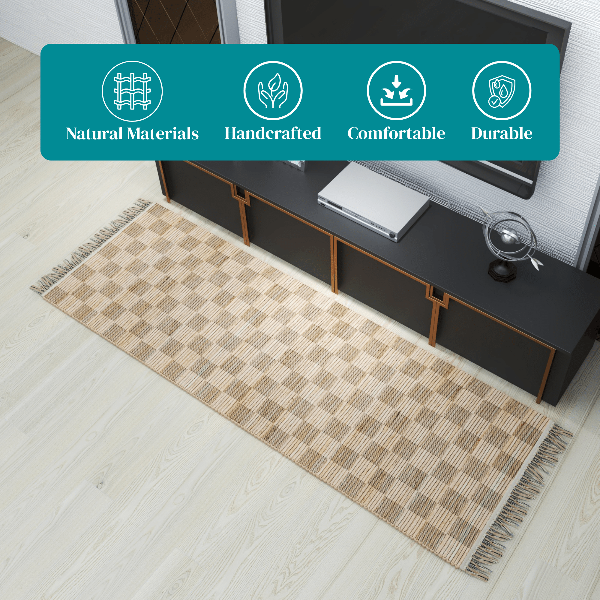 Natural Handwoven Geometric Jute Runner Rug, 2.6'x8' Low-Pile Tan Indoor Accent Carpet – Premium Farmhouse Décor for Entryway, Kitchen, and Bathroom