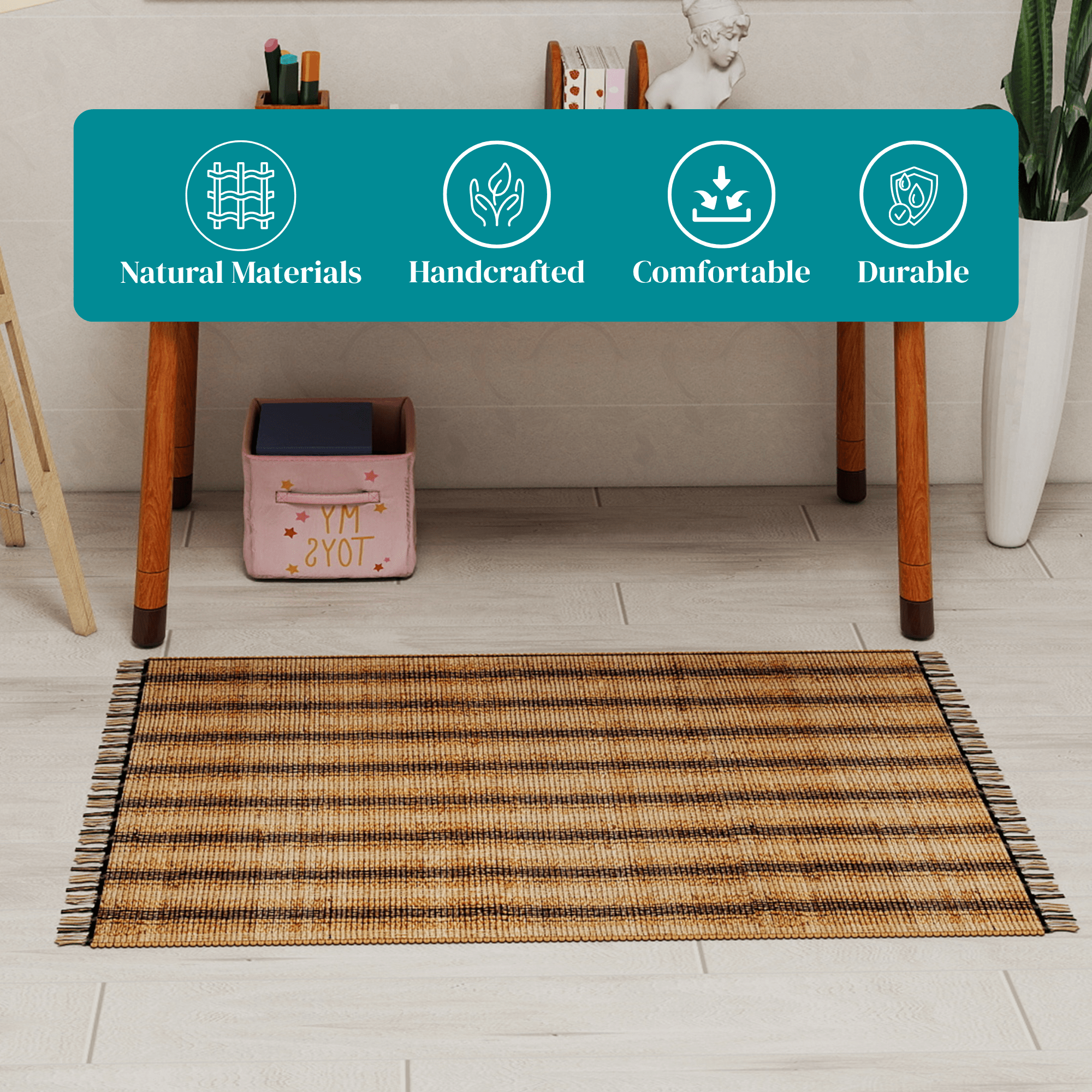 Natural Jute Area Rug, 3'x5' Handwoven Low-Pile Rustic Accent – Vintage Modern Farmhouse Style Décor for Entryway, Kitchen, Bedroom, and Bathroom