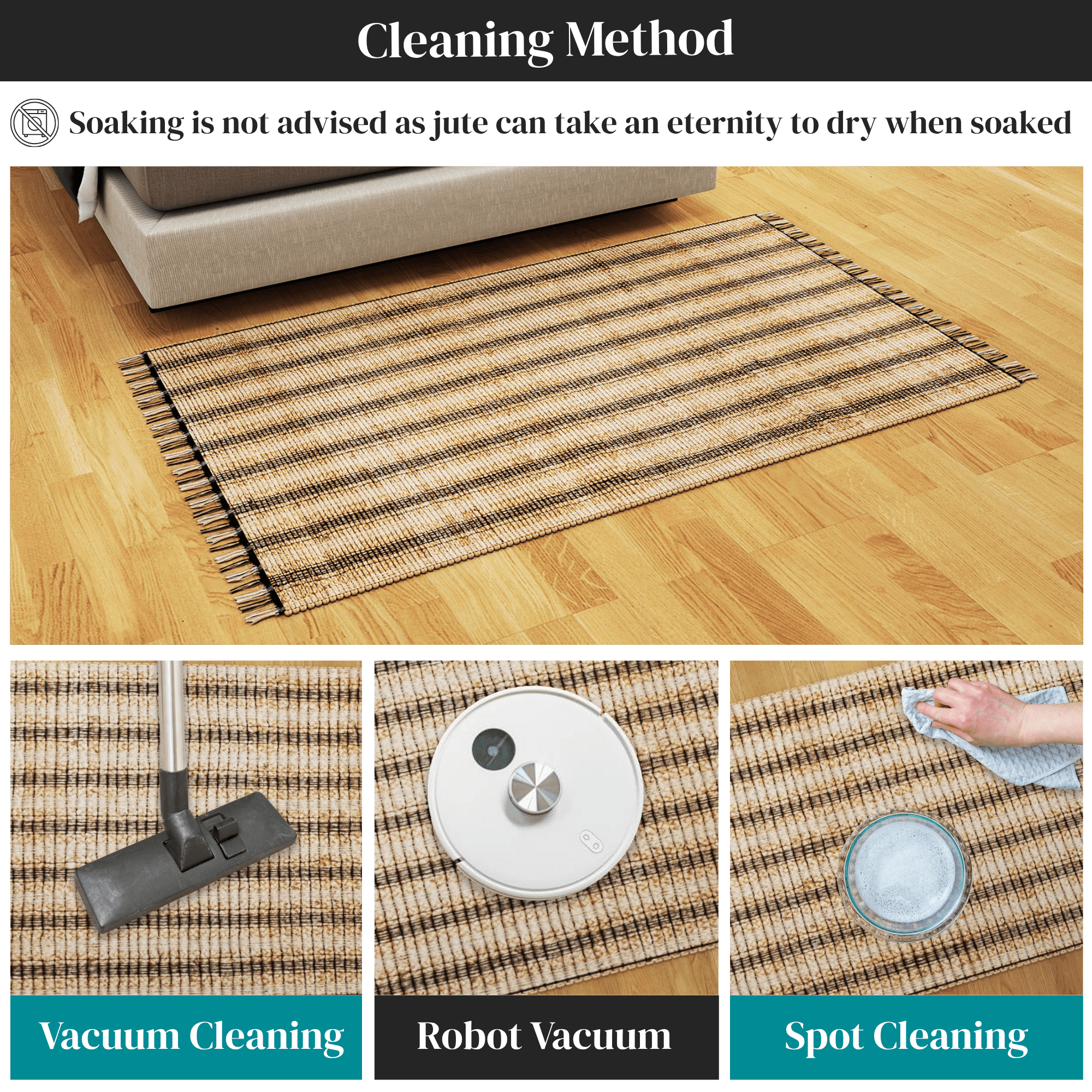 Natural Jute Area Rug, 3'x5' Handwoven Low-Pile Rustic Accent – Vintage Modern Farmhouse Style Décor for Entryway, Kitchen, Bedroom, and Bathroom