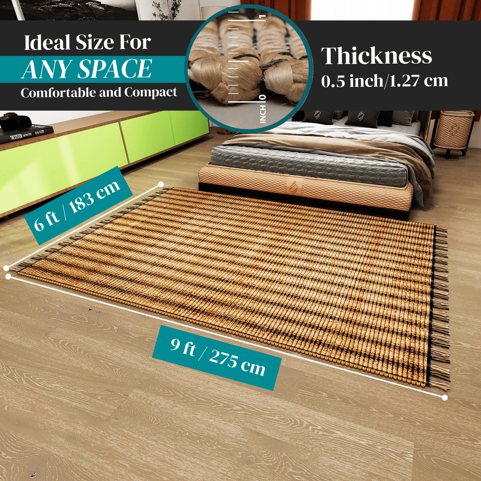 Eco Crave Jute Area Rug, 6'x9' Handwoven Braided Natural Fiber Carpet – Durable 0.5-Inch Thick Rug for Living Room, Bedroom, Kitchen, Dining, and Farmhouse Décor
